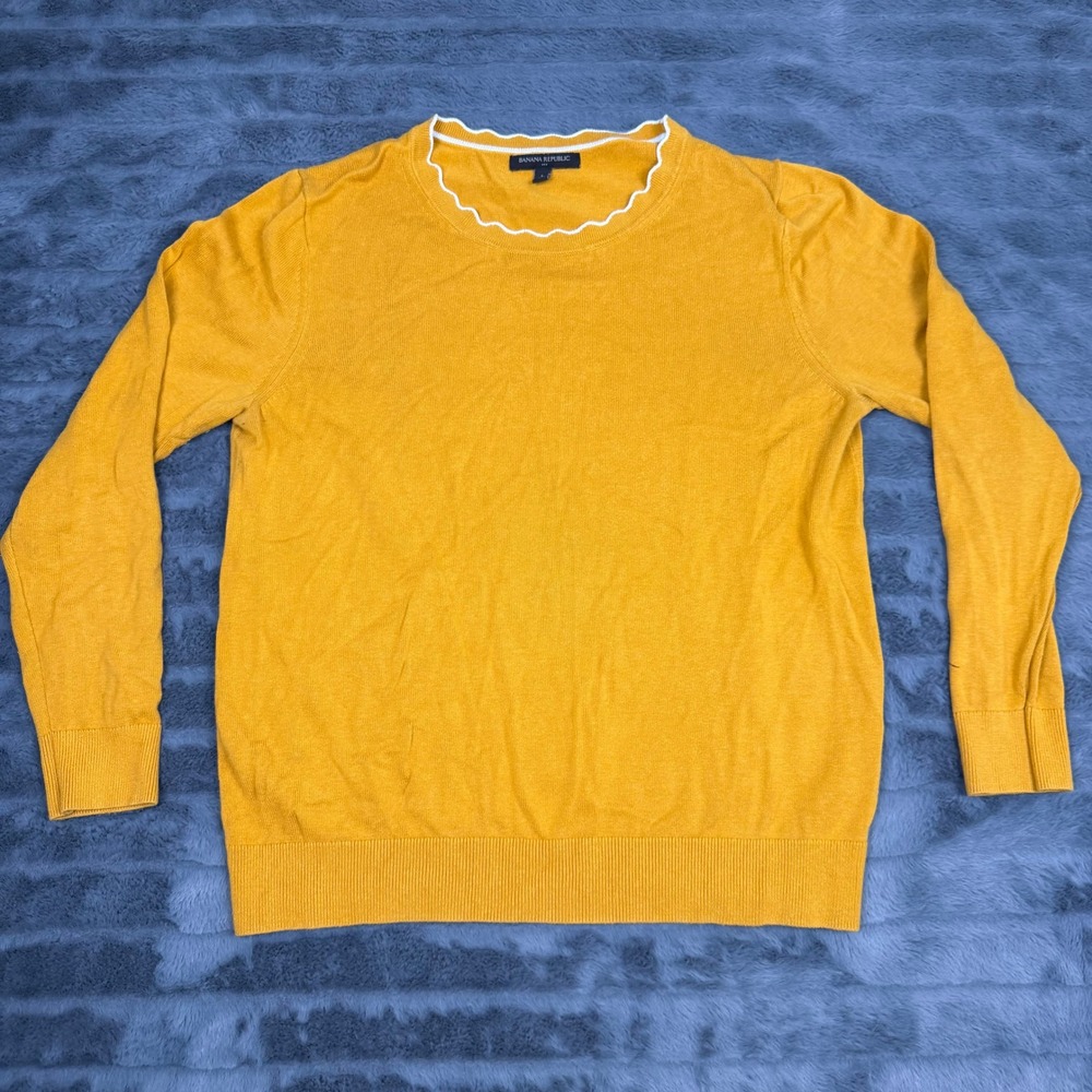 Banana Republic Mustard Yellow Scalloped Neck Cotton Blend Sweater Large